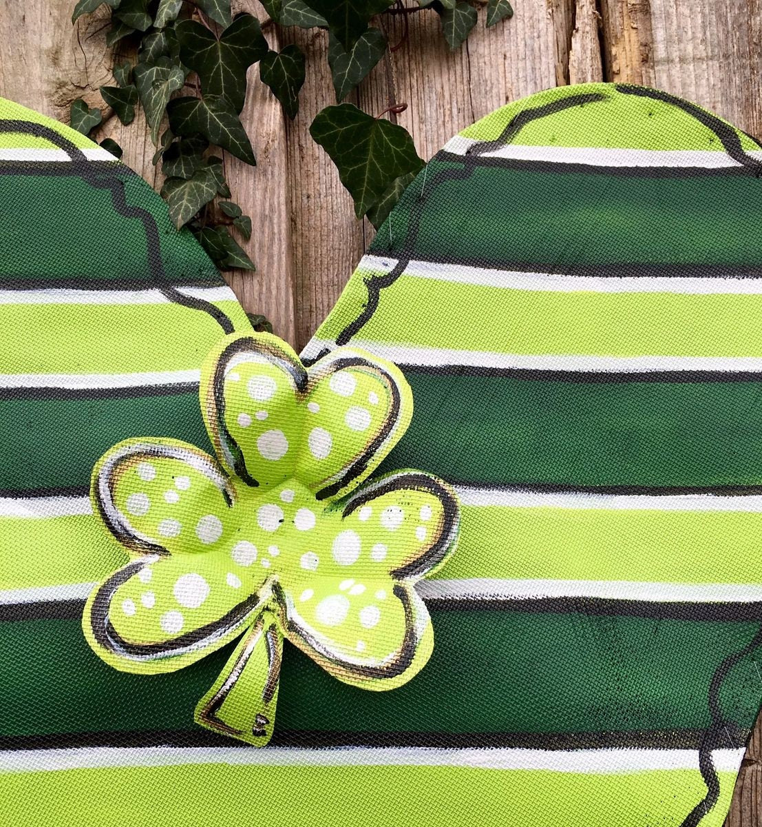 St. Patrick’s Day Green Striped Heart with Four Leaf Clover Center