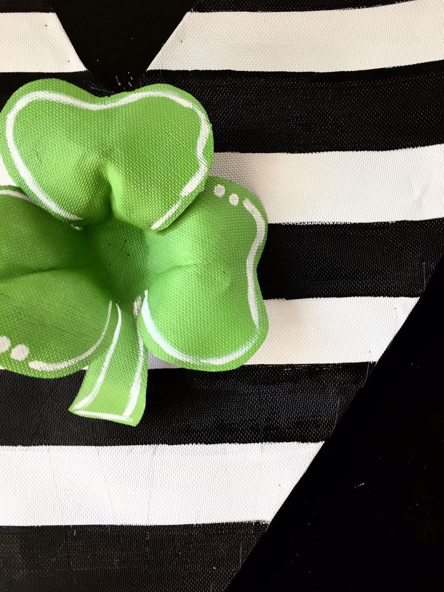 St. Patrick’s Day Black and White striped heart with Four Leaf Clover Center