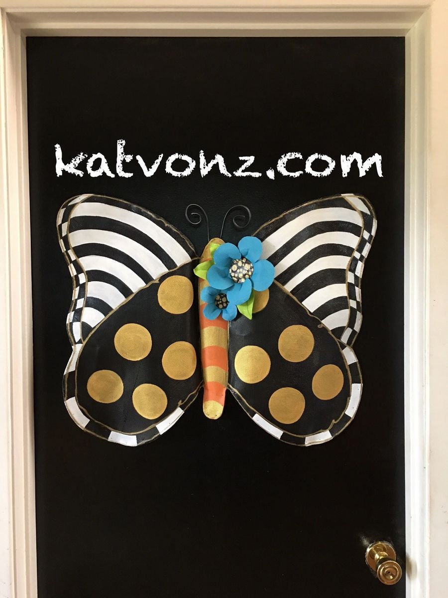Spring Door Hanger / SPRING DOOR DECOR / Screen Wire Black White and Gold Butterfly with Turquoise Flower Wreath