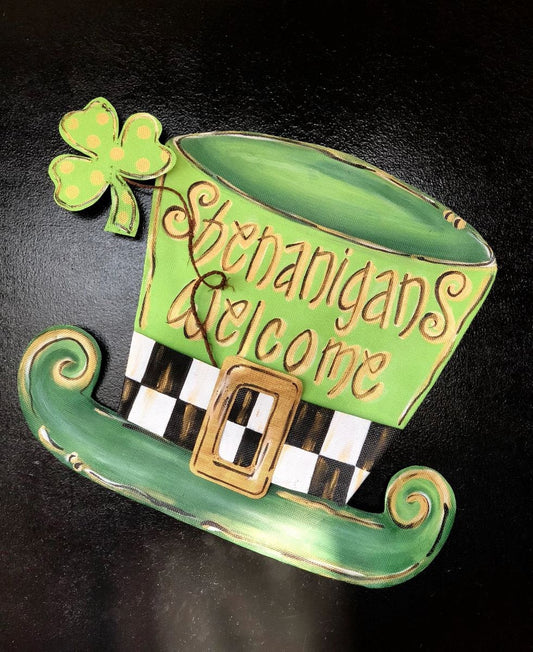 Screen Wire St. Patrick’s Day Hat With Clover and “Shenanigans Welcome”