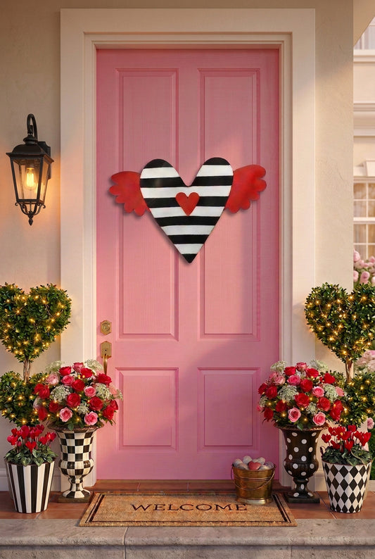 VALENTINES DOOR DECOR / Screen Wire Valentines Day Large Black and White Striped Heart with Red Wings Doornament Door Hanger Wreath Decor