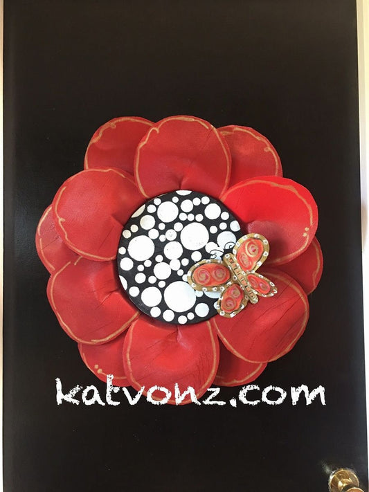 SPRING DOOR DECOR / Bright Red Screen Wire Flower with Black and White Polka Dot Center and Butterfly
