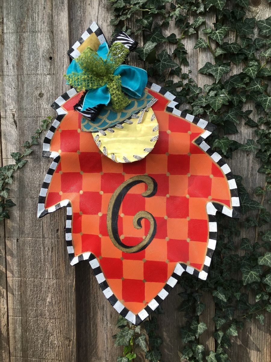 FALL DOOR DECOR / Screen Wire Fall Large Leaf With Checkered Orange Detail and Whimsical Acorn Doornament