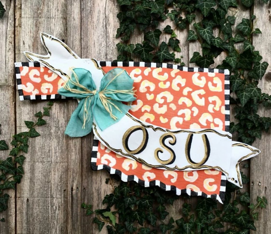 OSU Door Decor / Screen Wire OSU Oklahoma State University Orange Leopard Print Doornament Door Hanger Wreath Great Gift Idea!