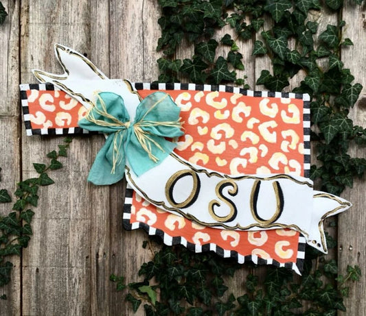 OSU Door Decor / Screen Wire OSU Oklahoma State University Orange Leopard Print Doornament Door Hanger Wreath Great Gift Idea!