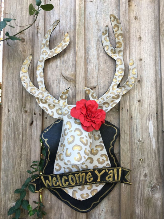 FALL  DOOR DECOR / Screen Wire Leopard Print Mounted Deer with Personalized Banner Doornament Door Hanger Wreath