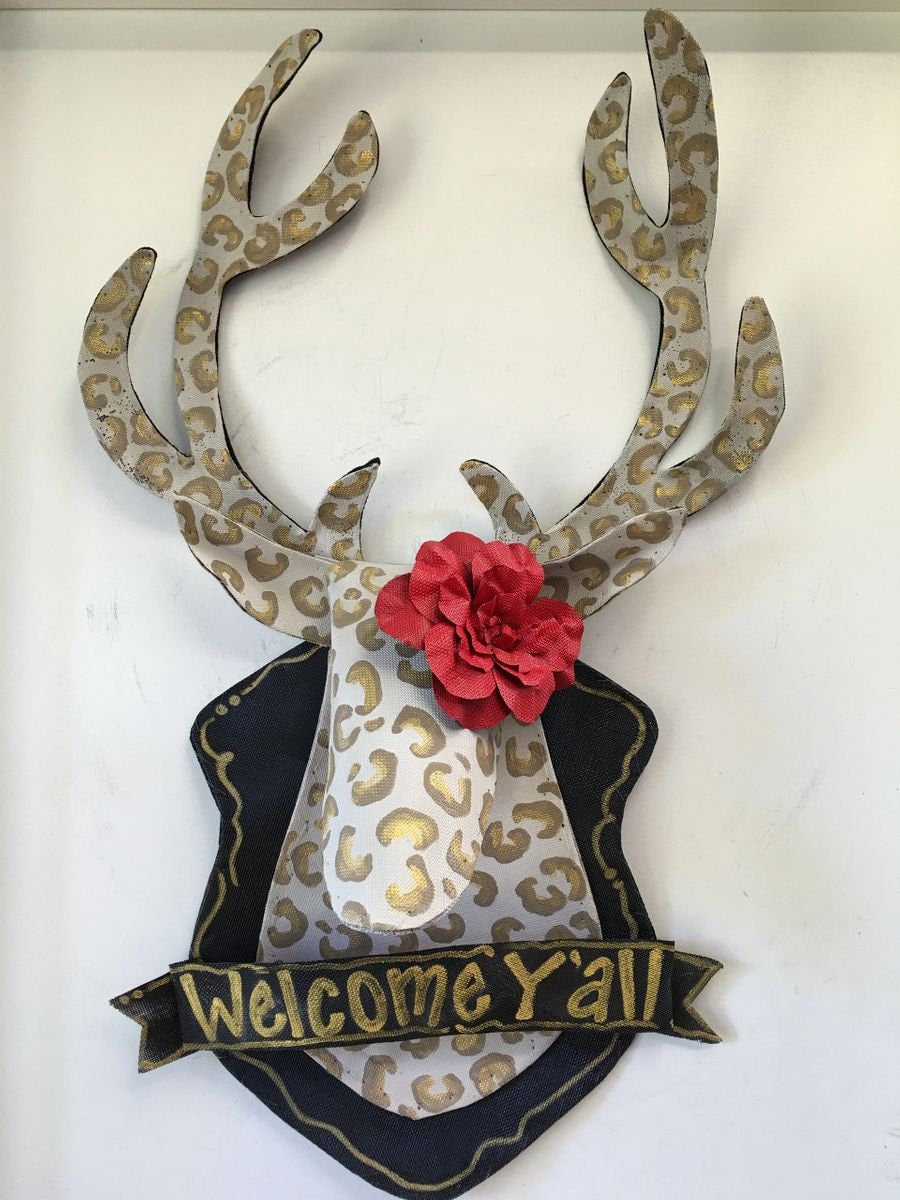FALL  DOOR DECOR / Screen Wire Leopard Print Mounted Deer with Personalized Banner Doornament Door Hanger Wreath