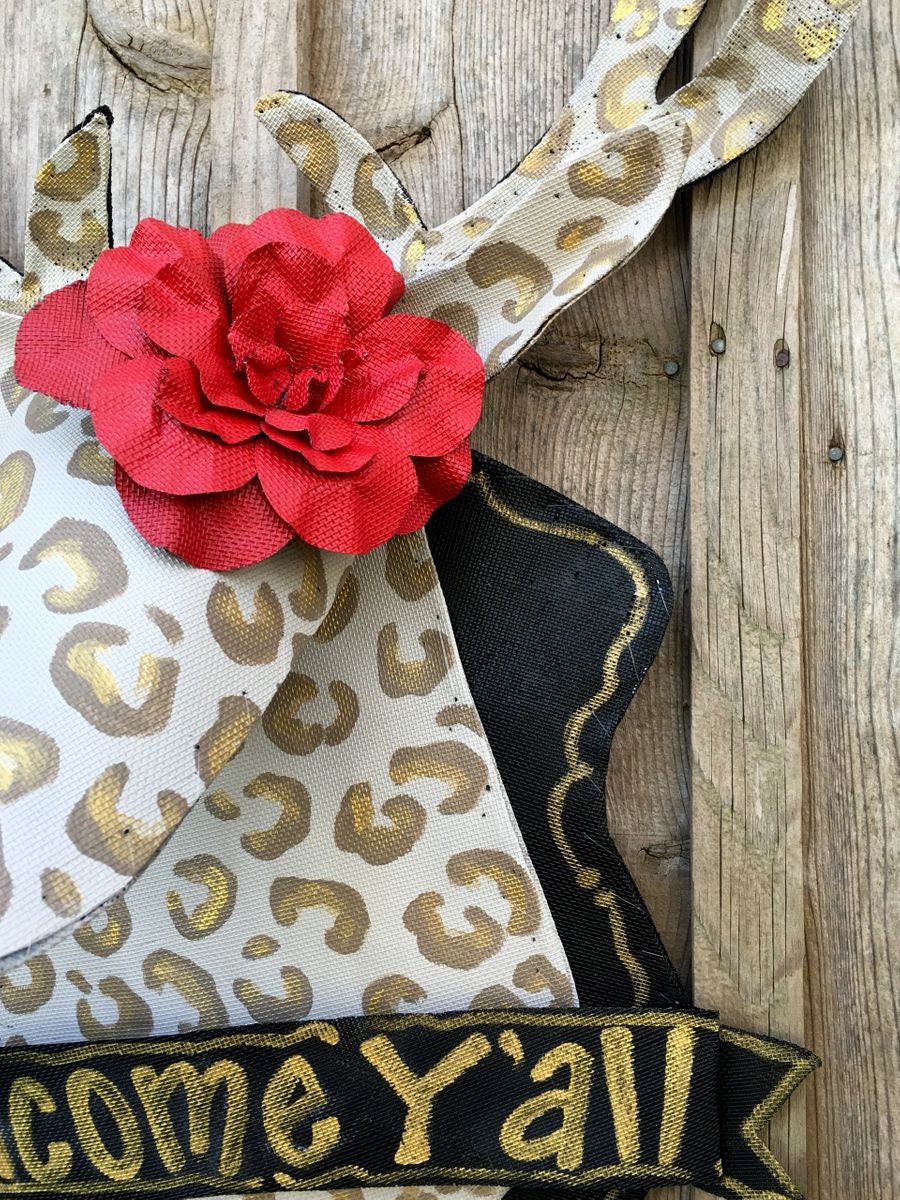 FALL  DOOR DECOR / Screen Wire Leopard Print Mounted Deer with Personalized Banner Doornament Door Hanger Wreath