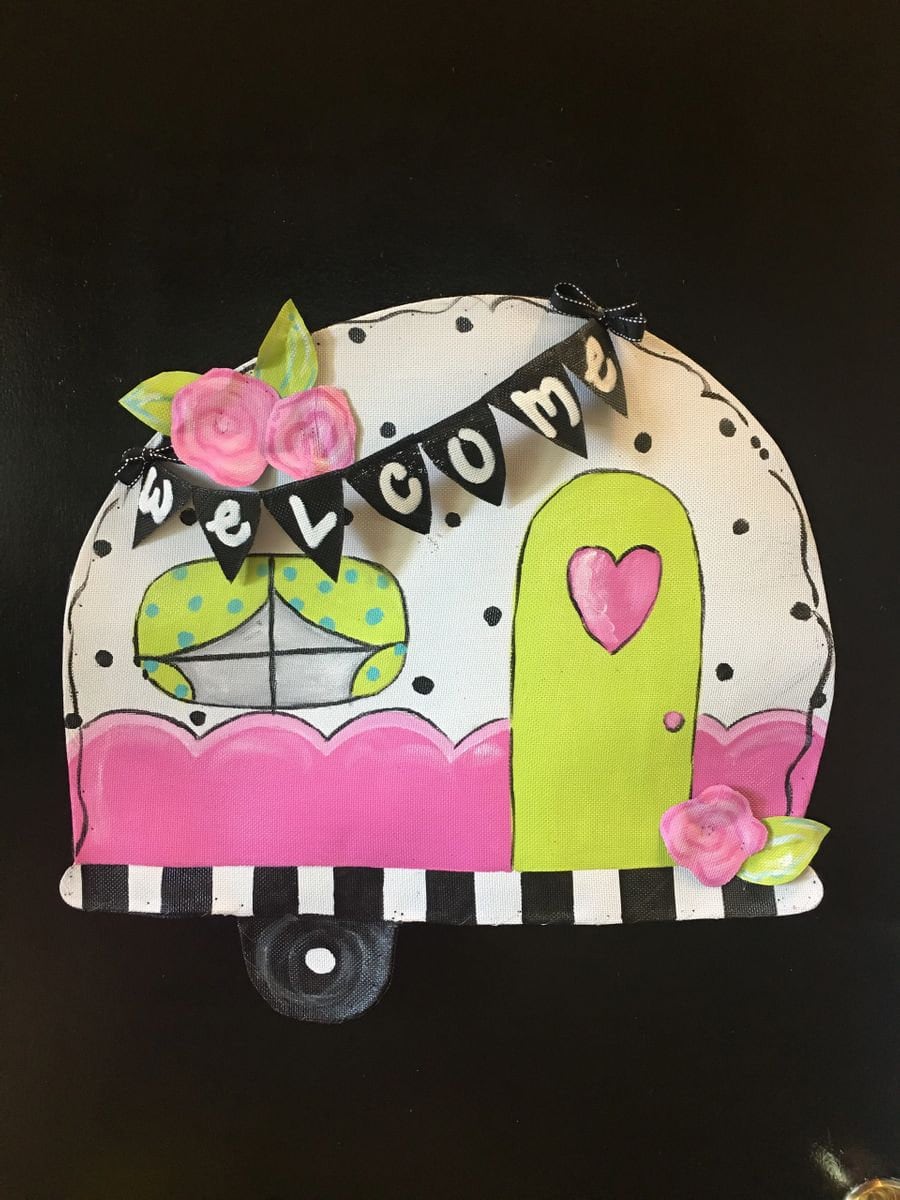 SUMMER DOOR DECOR / Bright Green and Pink Glamping Camper Screen Wire Doornament Doo Hanger Wreath