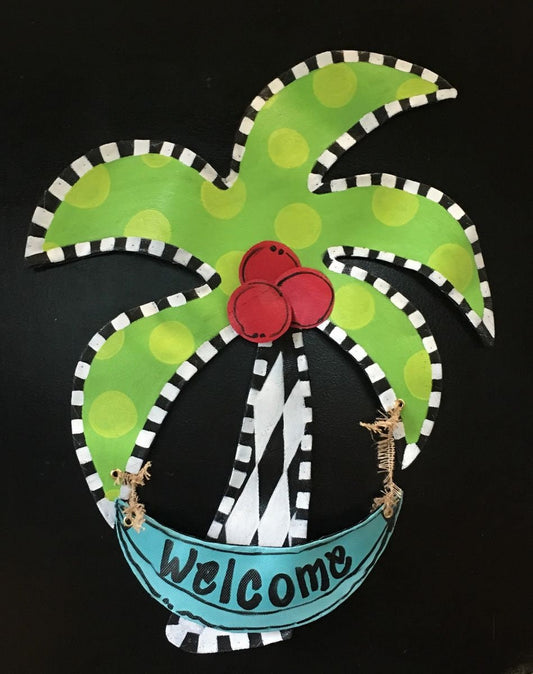 SUMMER DOOR DECOR. Screen Wire Summer Palm Tree with Welcome Hammock Doornament Door Hanger Wreath