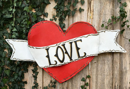 VALENTINES DOOR Decor / Large Red Valentines Heart with scroll “LOVE” Doornament Door Hanger Wreath Decor