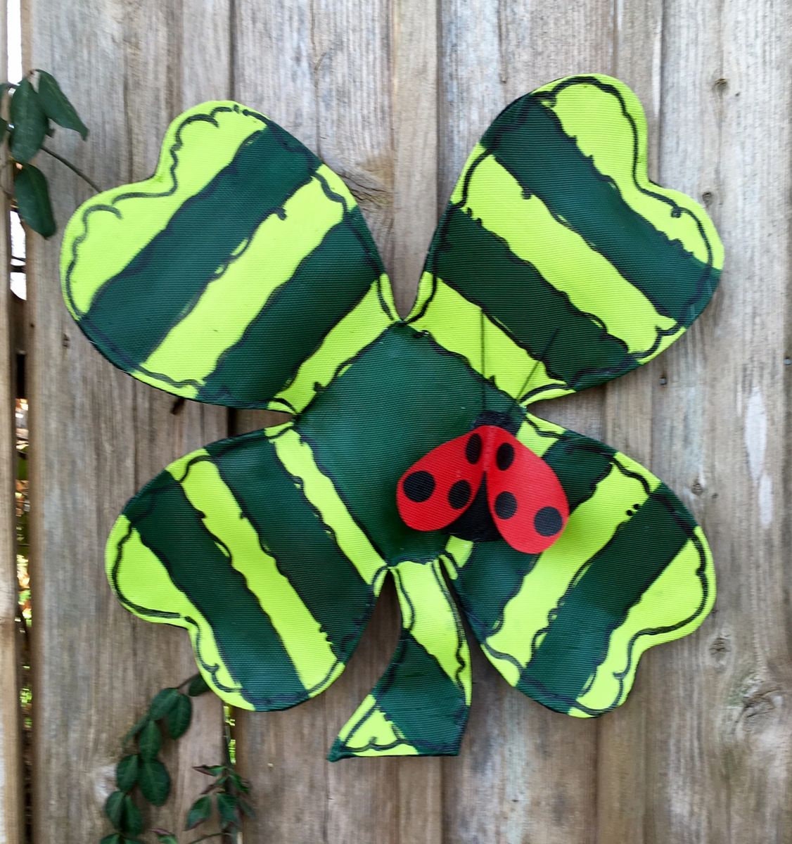 Green Striped Four Leaf Clover Shamrock with Ladybug