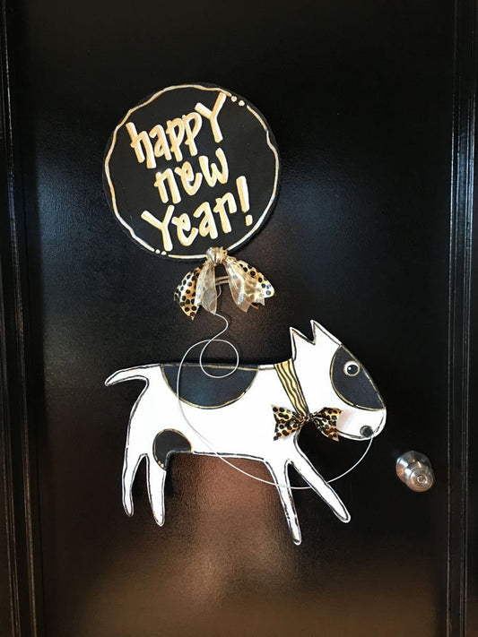 NEW YEAR DECOR / Screen Wire Black and White Spotted Dog with Happy New Year Balloon Door Hanger Wreath...Any dog Breed!