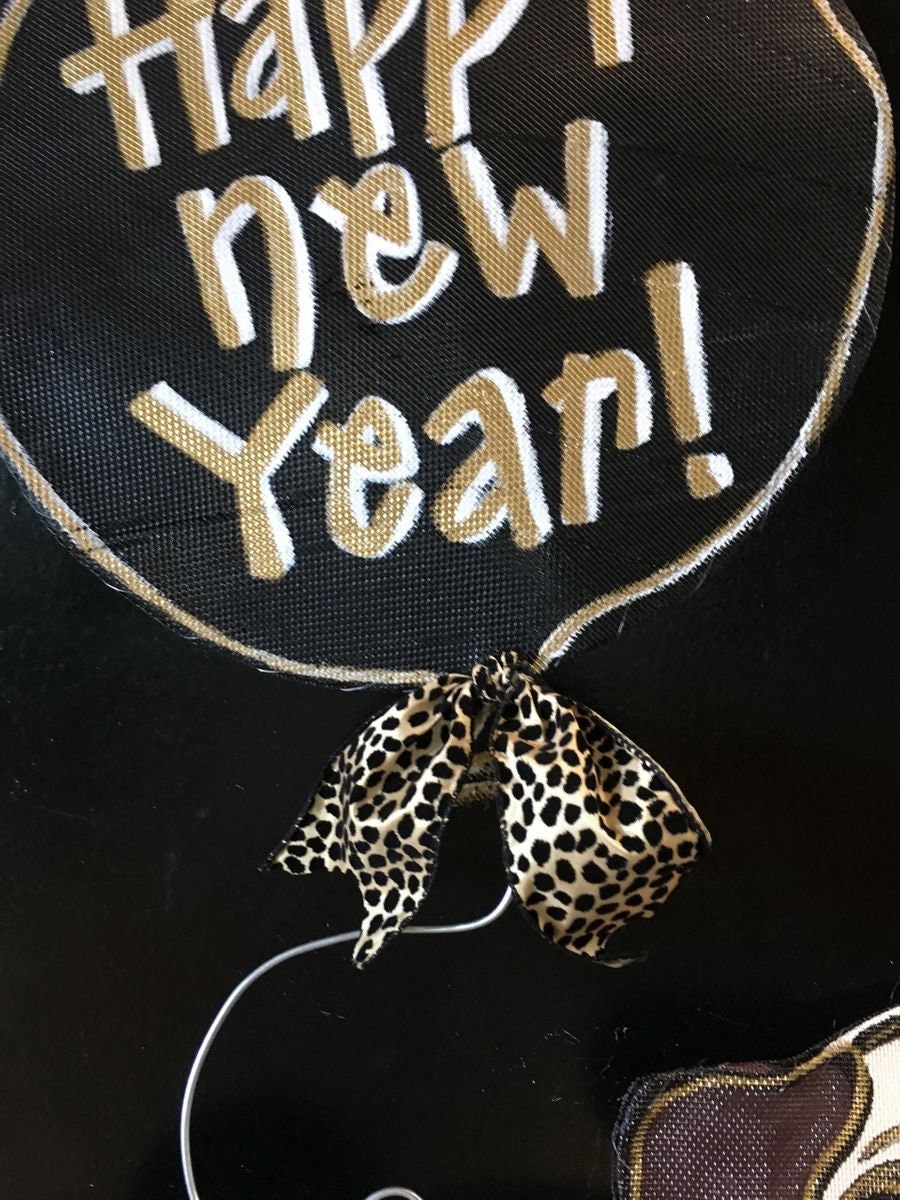 NEW YEAR DECOR / Screen Wire Black and White Spotted Dog with Happy New Year Balloon Door Hanger Wreath...Any dog Breed!