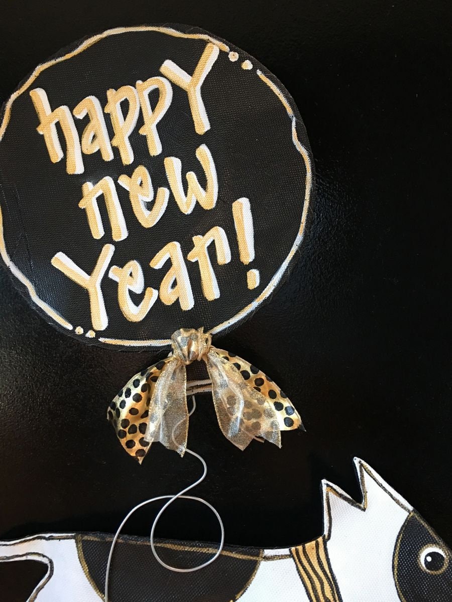 NEW YEAR DECOR / Screen Wire Black and White Spotted Dog with Happy New Year Balloon Door Hanger Wreath...Any dog Breed!