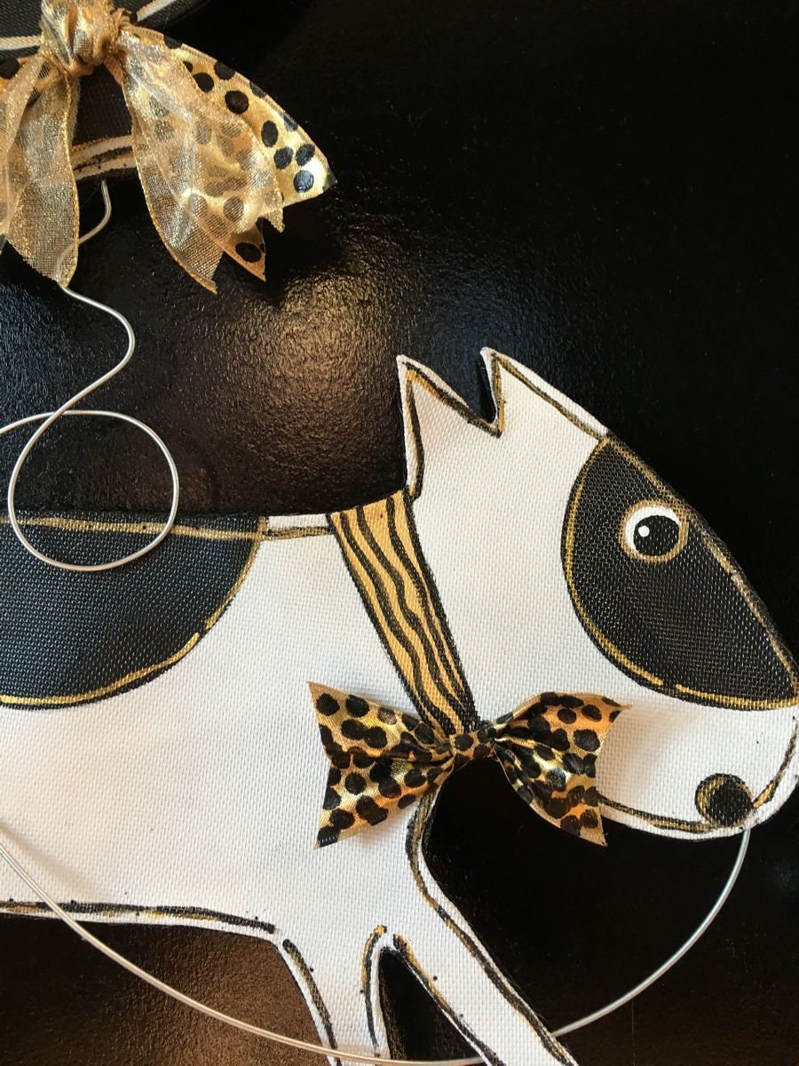 NEW YEAR DECOR / Screen Wire Black and White Spotted Dog with Happy New Year Balloon Door Hanger Wreath...Any dog Breed!