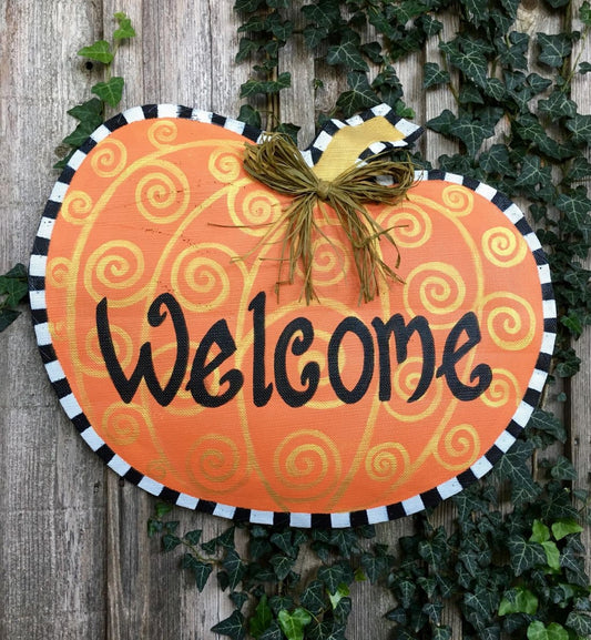FALL DOOR DECOR / Screen Wire Personalized Black and White Checkered Border Pumpkin Door Hanger Doornament