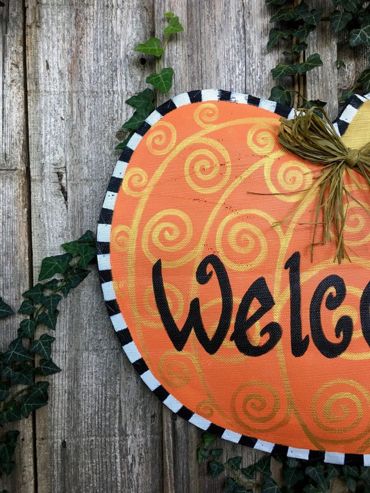 FALL DOOR DECOR / Screen Wire Personalized Black and White Checkered Border Pumpkin Door Hanger Doornament
