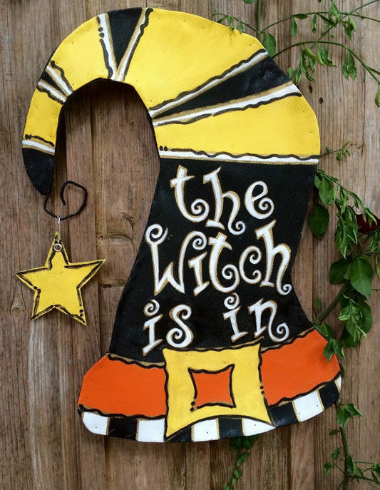 HALLOWEEN DOOR DECOR / Halloween Witches Hat with The Witch is In Door Hanger Wreath Decoration