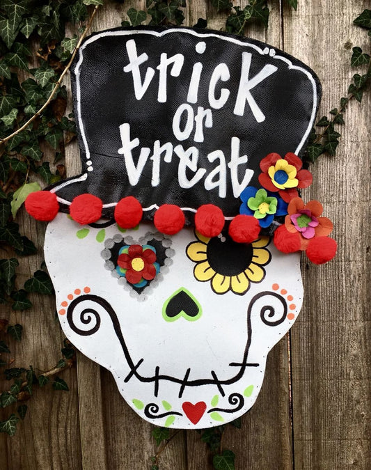 HALLOWEEN DOOR DECOR / Screen Wire Funky and Bright Halloween Day of the Dead Sugar Skull with Trick or Treat Top Hat Door Hanger Wreath