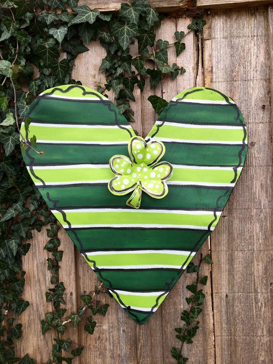 St. Patrick’s Day Green Striped Heart with Four Leaf Clover Center