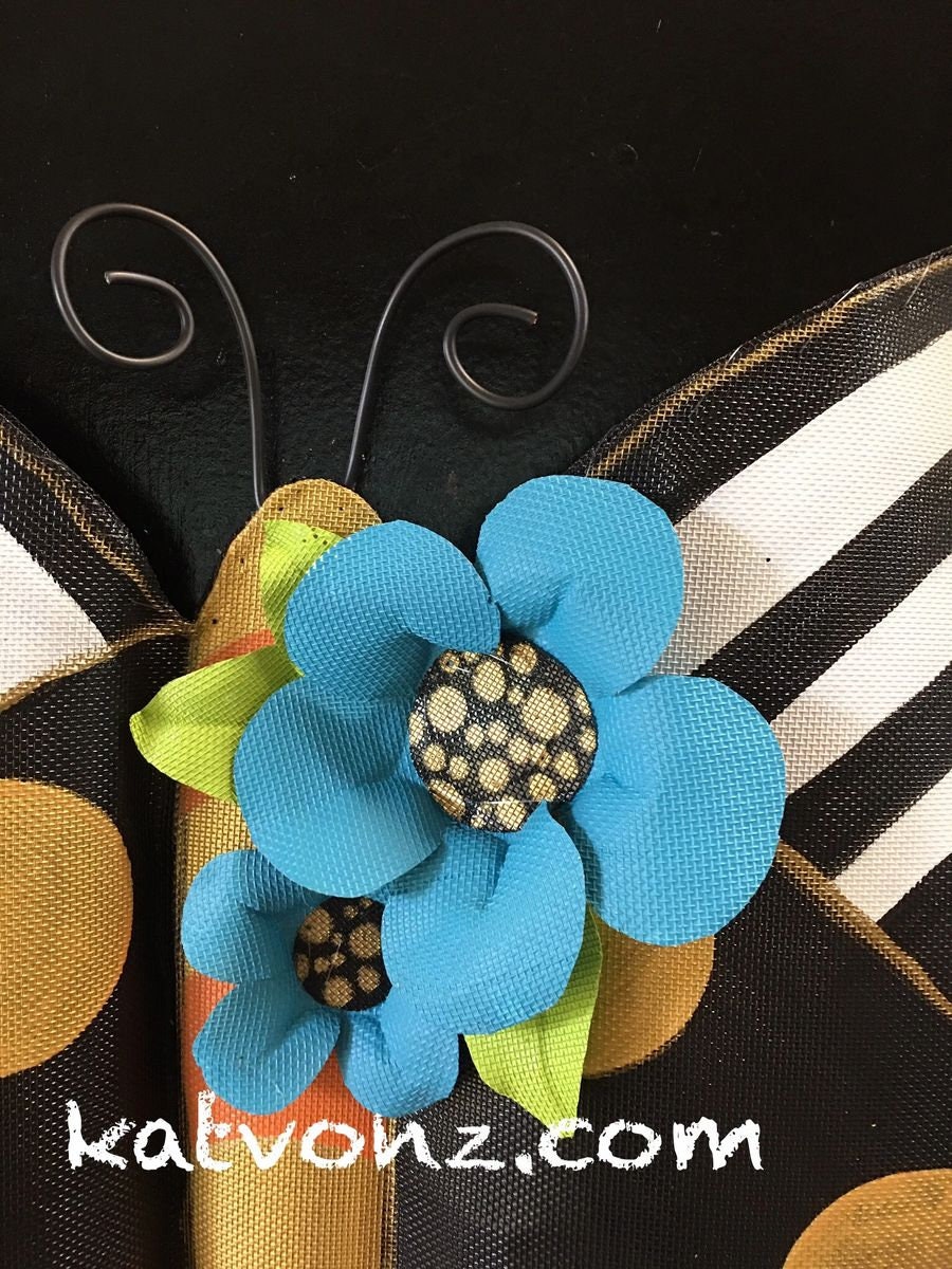 Spring Door Hanger / SPRING DOOR DECOR / Screen Wire Black White and Gold Butterfly with Turquoise Flower Wreath