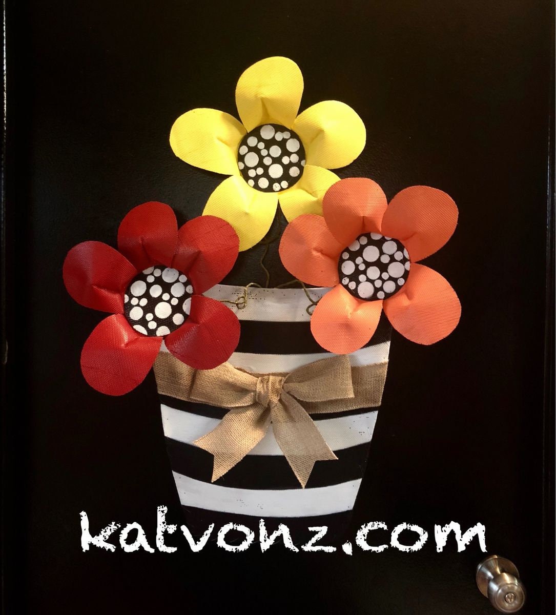 Summer Door Hanger / SPRING DOOR DECOR /  Bright Flowers in Black and White Striped Pot Door Hanger Wreath Decor