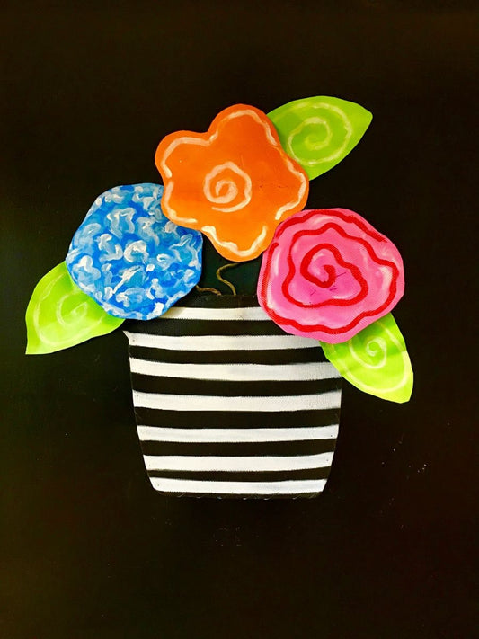 Summer Door Hanger / SPRING DOOR DECOR / Screen Wire Blue Orange and Pink flowers in Striped Pot Doornament Door Hanger Wreath Door Decor