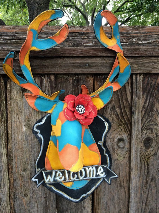 FALL DOOR DECOR / Screen Wire Fall Mounted Deer with Orange Turquoise and Mustard Camo Doornament Door Hanger Wreath