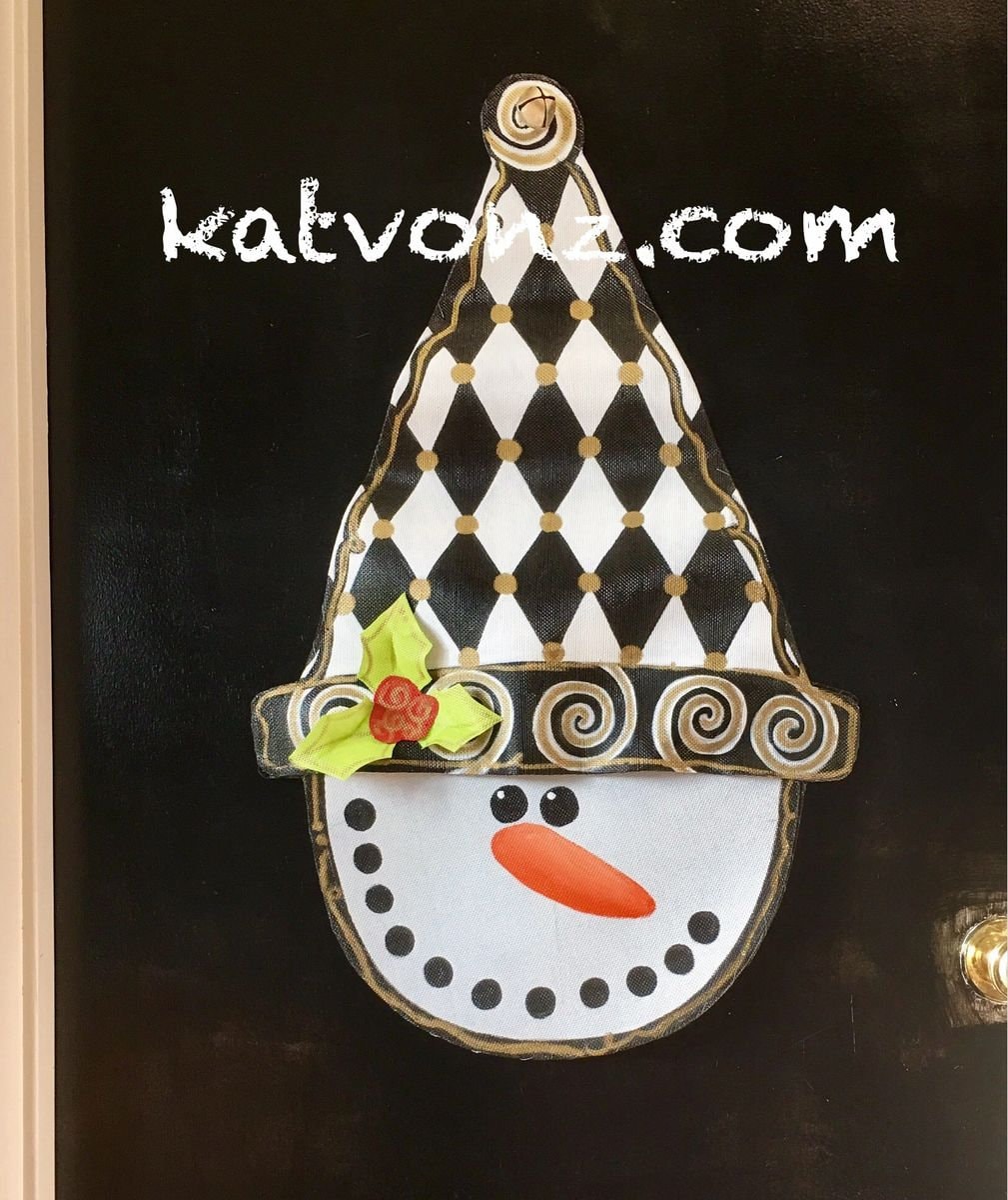 WINTER DOOR DECOR / Christmas and Winter Door Decor Whimsical Screen Wire Harlequin design Snowman Doornament Door Hanger Wreath