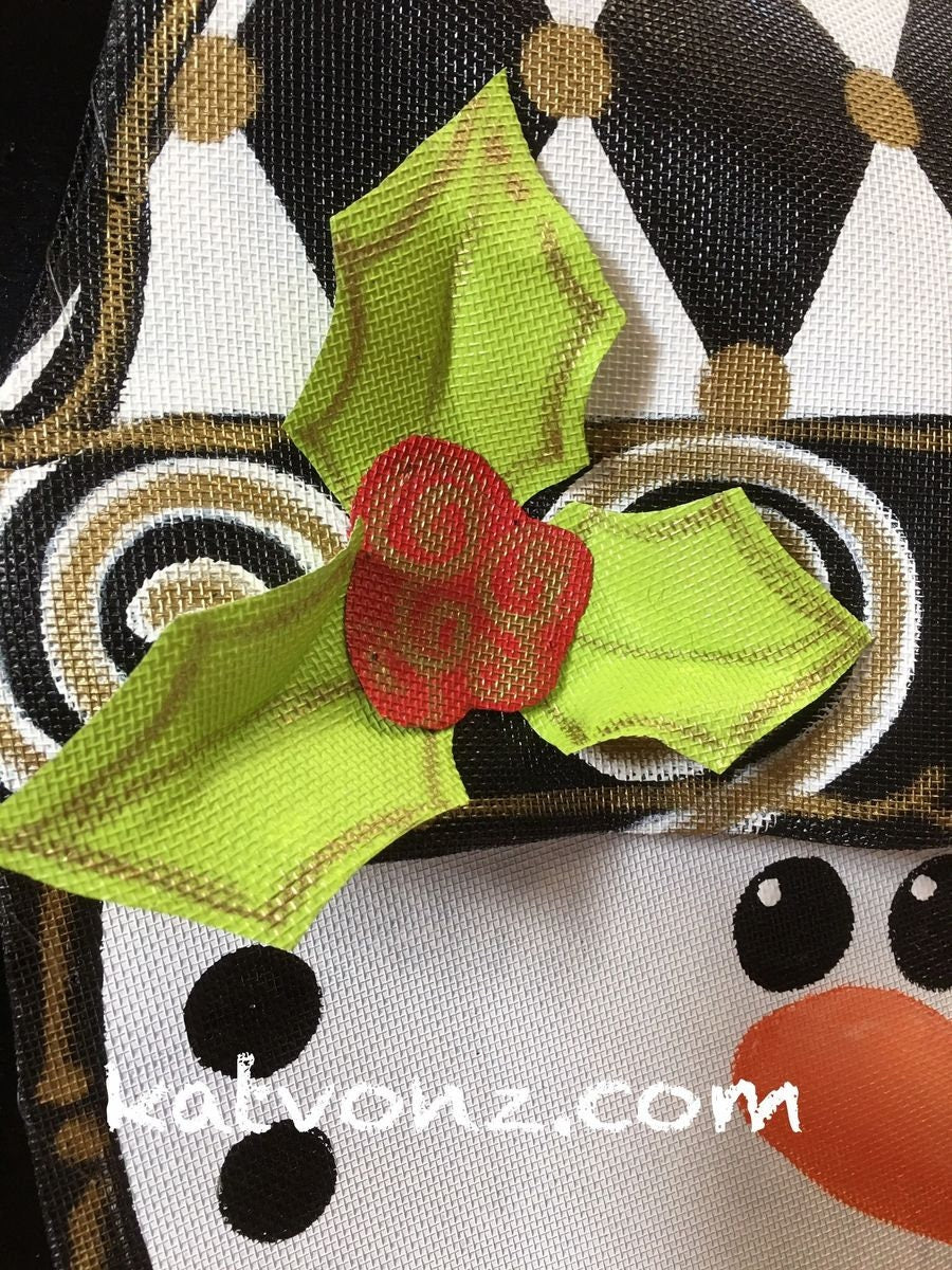 WINTER DOOR DECOR / Christmas and Winter Door Decor Whimsical Screen Wire Harlequin design Snowman Doornament Door Hanger Wreath