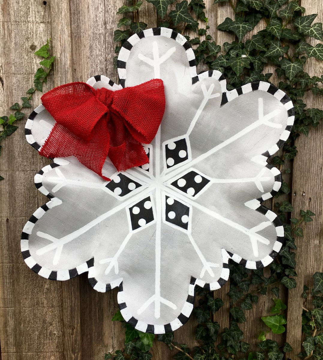 WINTER DOOR DECOR / Christmas Gift Idea Screen Wire Silver Snowflake with Bright Bow Doornament Door Hanger Wreath Decor