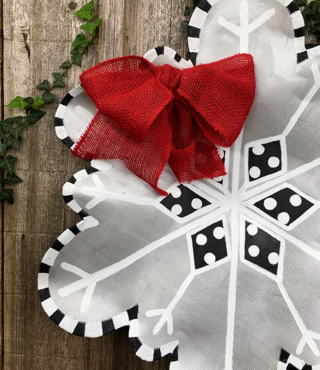 WINTER DOOR DECOR / Christmas Gift Idea Screen Wire Silver Snowflake with Bright Bow Doornament Door Hanger Wreath Decor