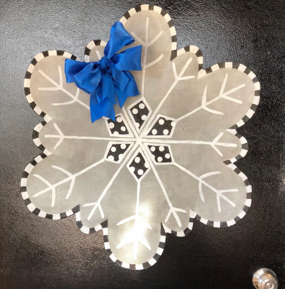 WINTER DOOR DECOR / Christmas Gift Idea Screen Wire Silver Snowflake with Bright Bow Doornament Door Hanger Wreath Decor