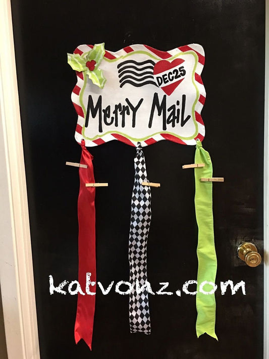 CHRISTMAS CARD HANGER / Aluminum Screen Whimsical Merry Mail Door Hanger with Ribbon for Attaching Holiday Greetings, Post Cards and Photos!