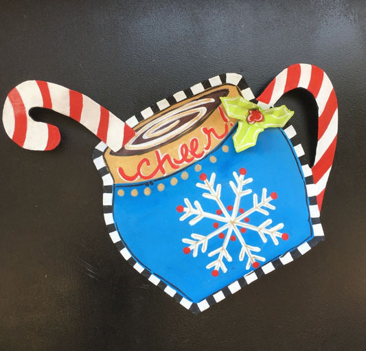 CHRISTMAS DOOR DECOR / Screen Wire Whimsical Winter Cup of Hot Cocoa Doornament Door Hanger Wreath