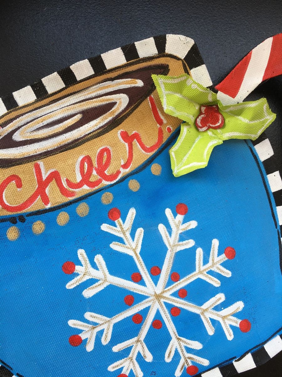 CHRISTMAS DOOR DECOR / Screen Wire Whimsical Winter Cup of Hot Cocoa Doornament Door Hanger Wreath