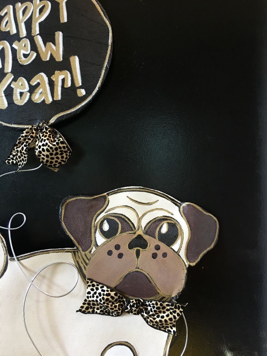 NEW YEAR DECOR / Screen Wire Black and White Spotted Dog with Happy New Year Balloon Door Hanger Wreath...Any dog Breed!