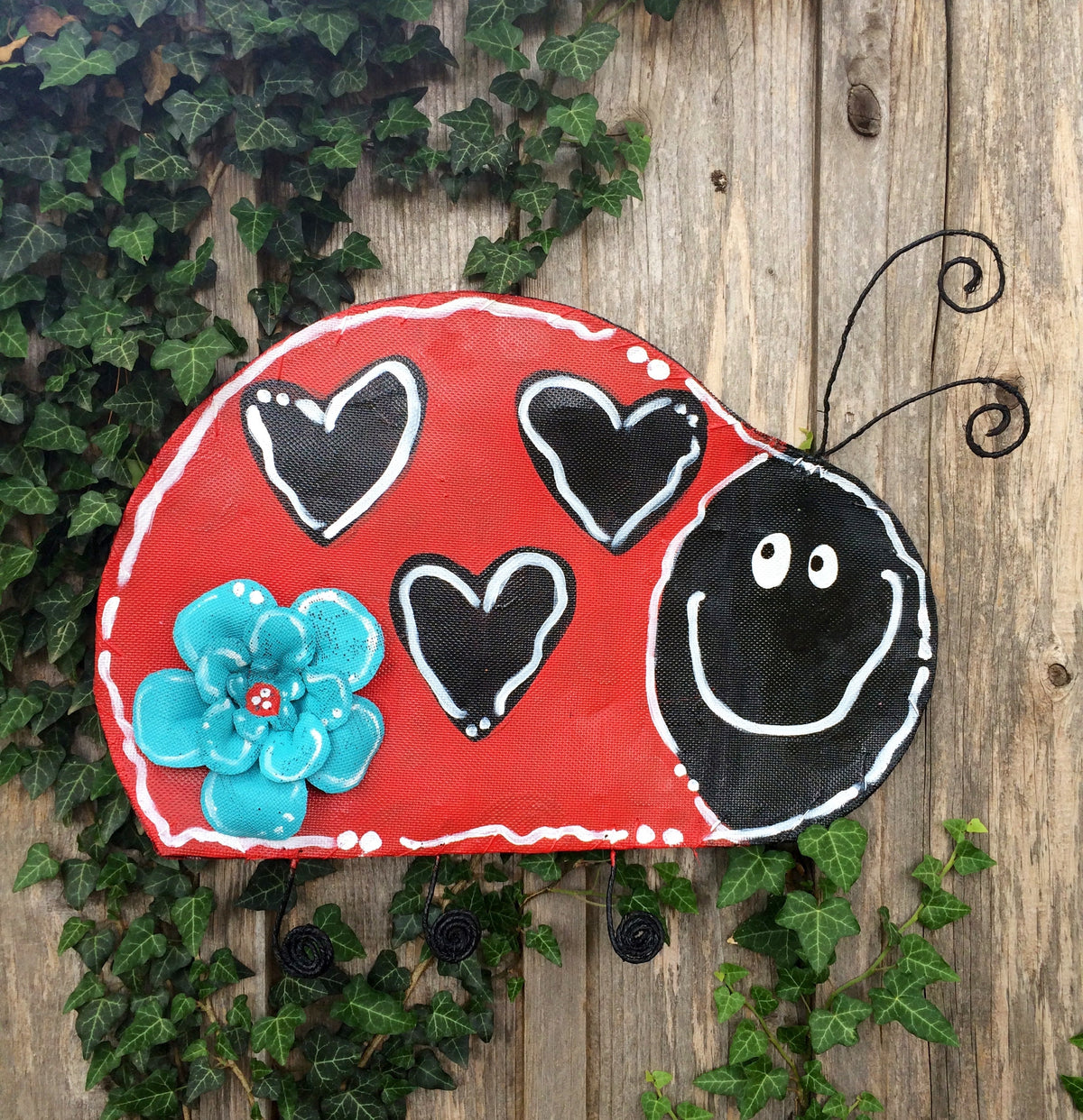 Spring Door Hanger / Aluminum Screen Wire Lady Bug with Turquoise Flower Doornament Door Hanger Wreath