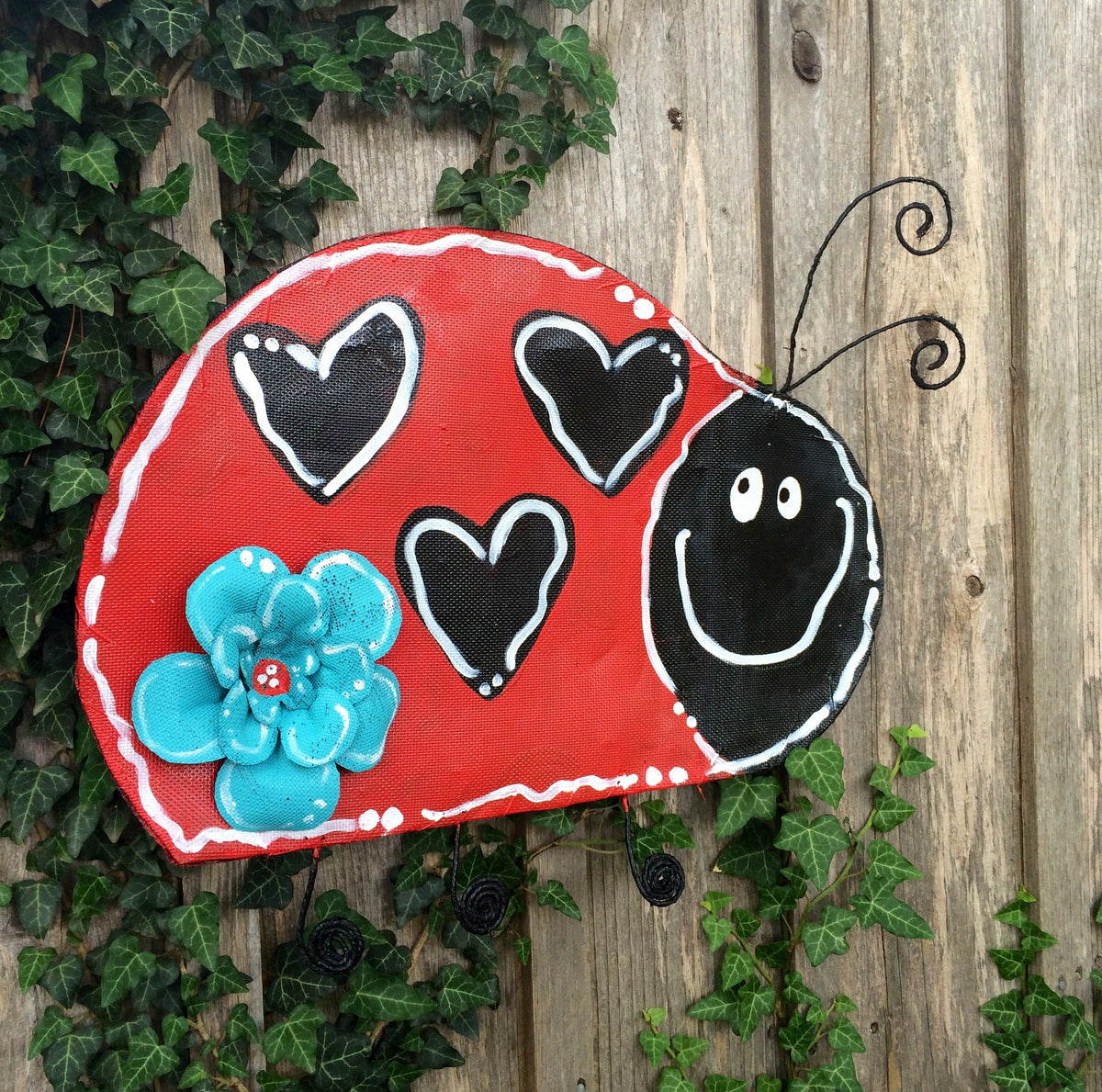 Spring Door Hanger / Aluminum Screen Wire Lady Bug with Turquoise Flower Doornament Door Hanger Wreath