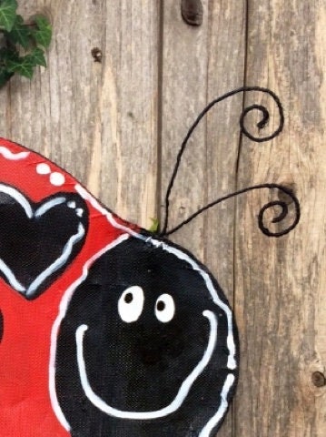 Spring Door Hanger / Aluminum Screen Wire Lady Bug with Turquoise Flower Doornament Door Hanger Wreath