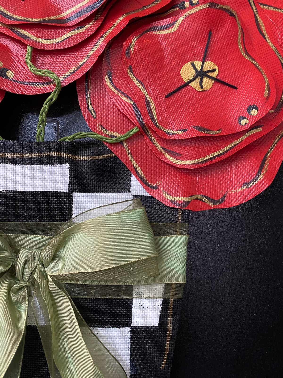 Aluminum Screen Spring Door Hanger / Whimsical Bright Poppies in Black and White Check Pot with Green Ribbon Bow Wreath