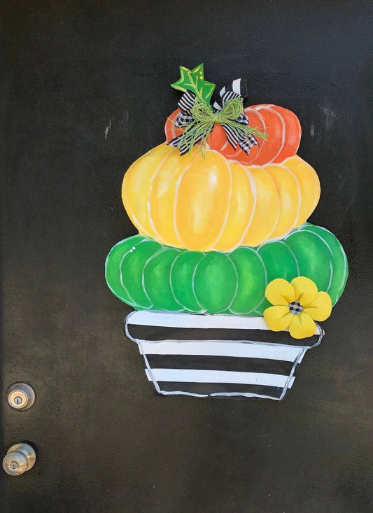 FALL DOOR DECOR / Screen Wire Stacked Pumpkins in  Black and White Striped Pot Doornament Door Hanger Wreath