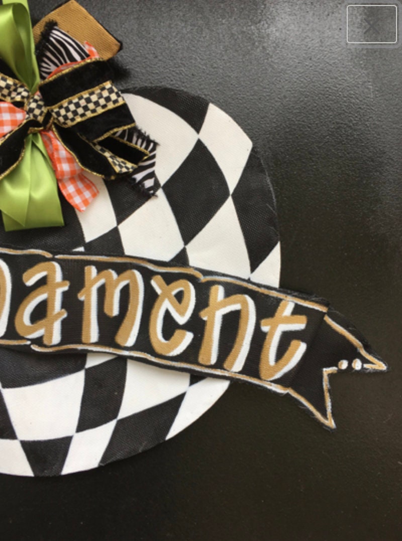 Aluminum Screen Wire Black and White Check Fall Thanksgiving Pumpkin with Personalized Banner