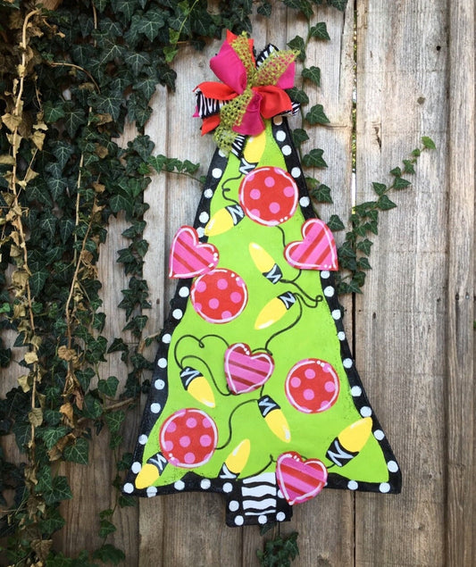 Screen Wire Whimsical Christmas Tree with Bright Red Ornaments and Ribbon Doornament Door Hanger