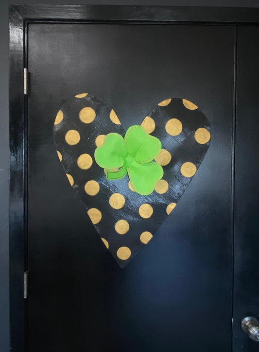 Screen Wire Black Gold and Green St Patricks Day Polka Dot Heart with Clover Door Hanger Wreath