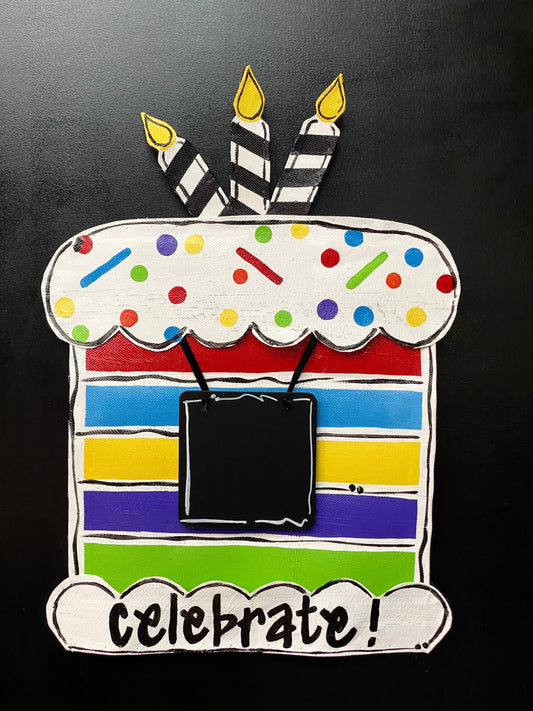 Aluminum Screen Wire Large Celebration Birthday Cake with Chalkboard Sign Door Hanger Wreath