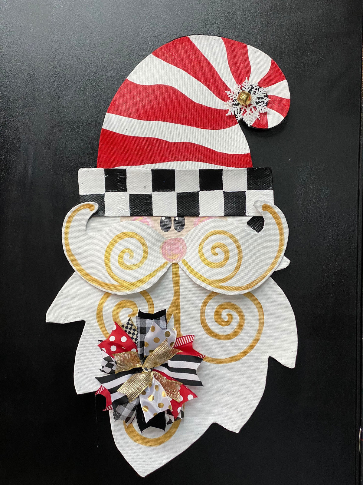 CHRISTMAS DOOR DECOR / Aluminum Screen Whimsical Santa Claus Red and White Hat and Ribbon Ribbon Holiday Decor Door Hanger Wreath