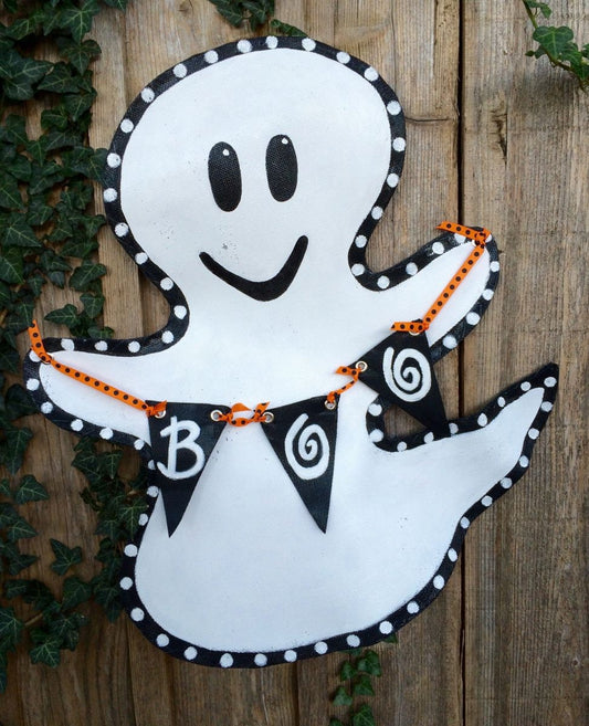 HALLOWEEN DOOR DECOR / Halloween Ghost Screen Wire Doornament holding a "B00" Banner!