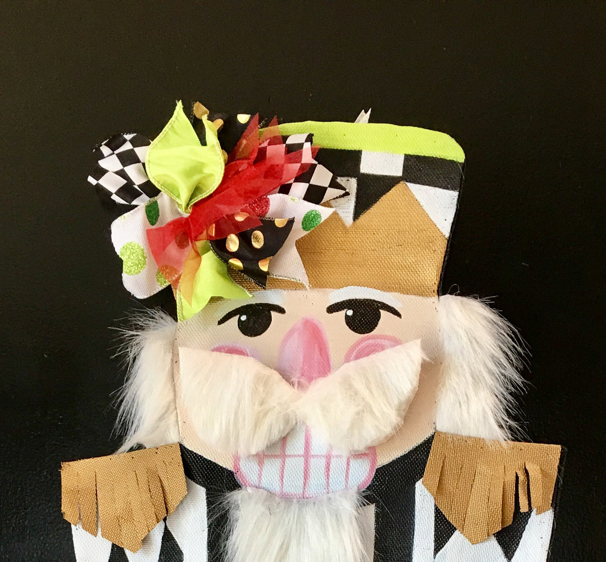 CHRISTMAS DOOR DECOR/ Screen Wire Whimsical,Christmas Door Hanger, Nutcracker with Green Red and Black Bright Ribbon Christmas Wreath